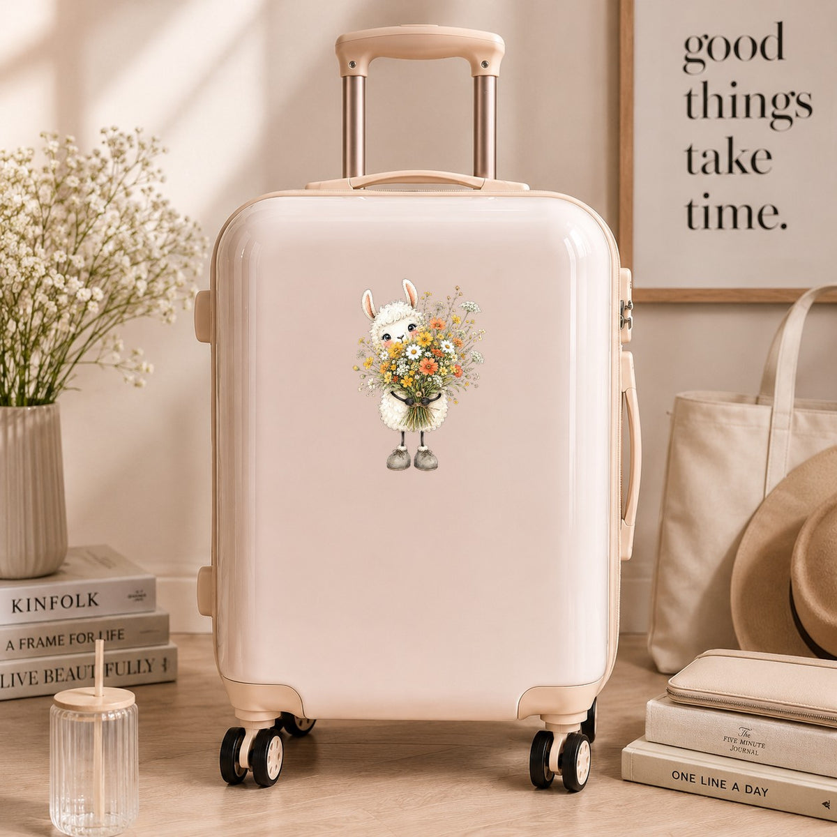 White Llama Holding Daisy Bouquet UV DTF sticker applied to a cream carry-on suitcase