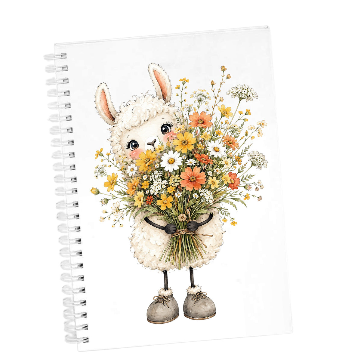 White Llama Holding Daisy Bouquet UV DTF sticker applied to the cover of a white spiral journal