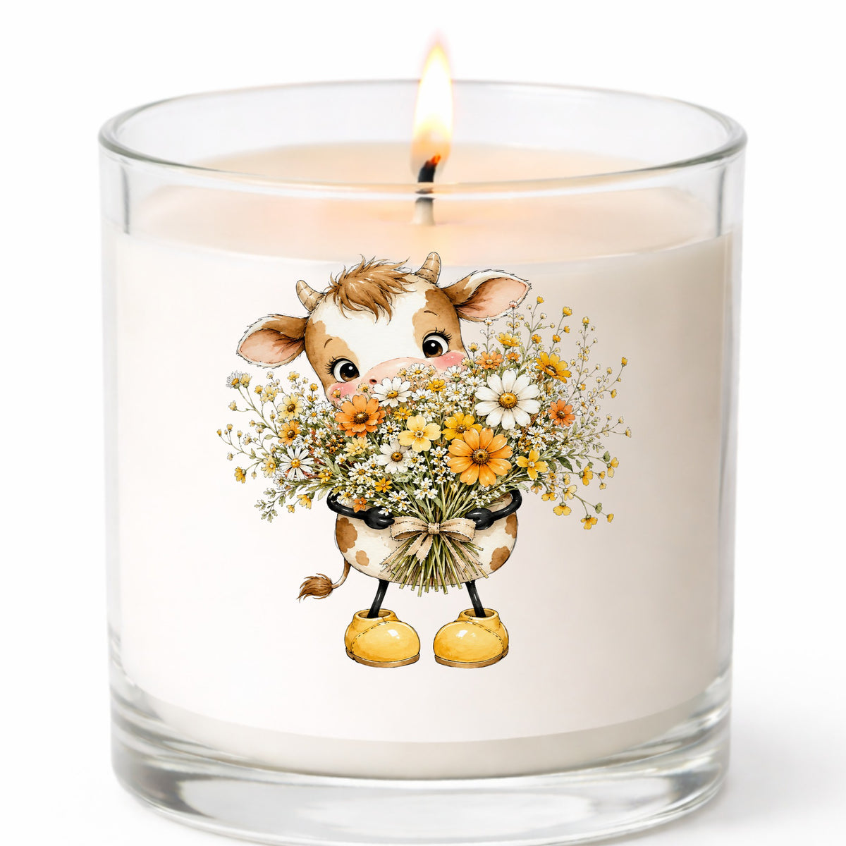Baby Cow Holding Wildflower Bouquet UV DTF sticker applied to a white candle in a clear glass jar