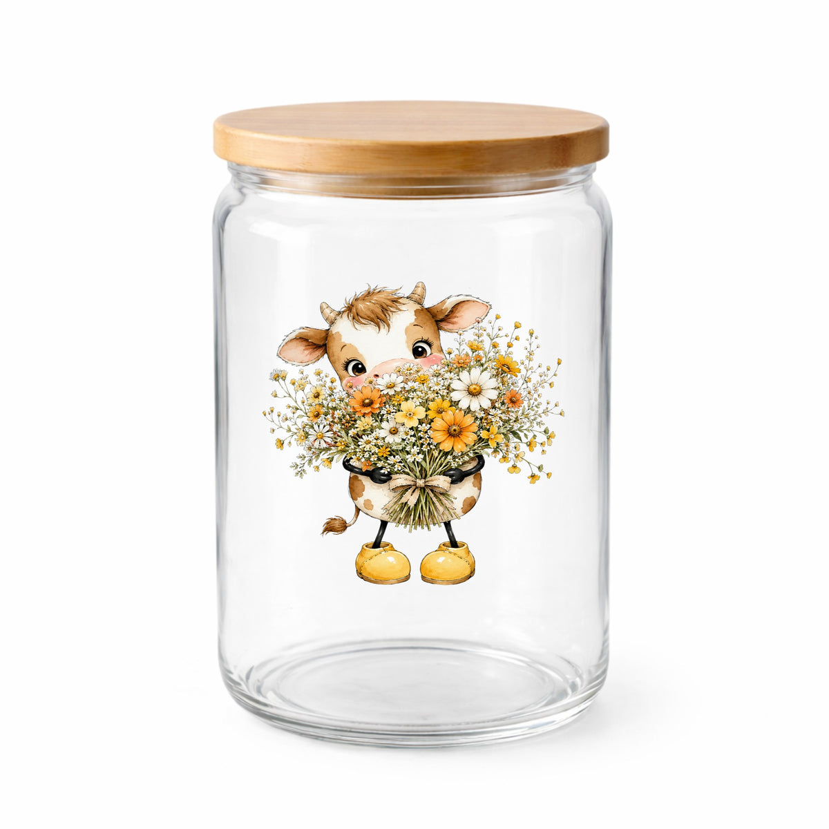 Baby Cow Holding Wildflower Bouquet UV DTF sticker applied to a clear glass jar with a wooden lid