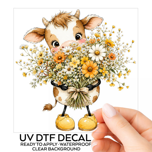 Baby Cow Holding Wildflower Bouquet UV DTF sticker on its backing card, held in hand