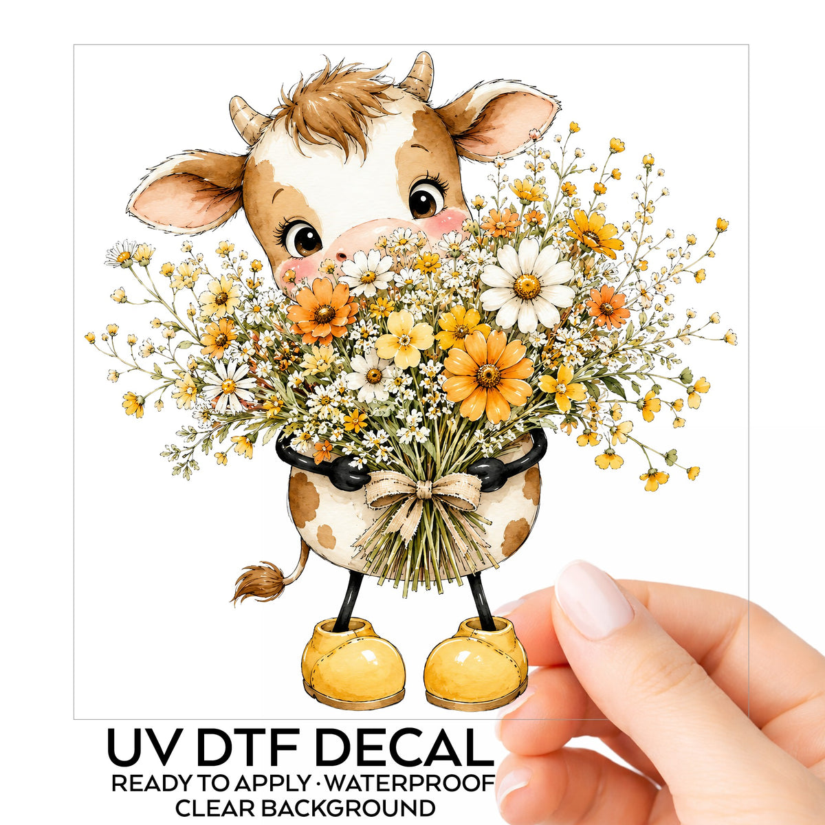 Baby Cow Holding Wildflower Bouquet UV DTF sticker on its backing card, held in hand