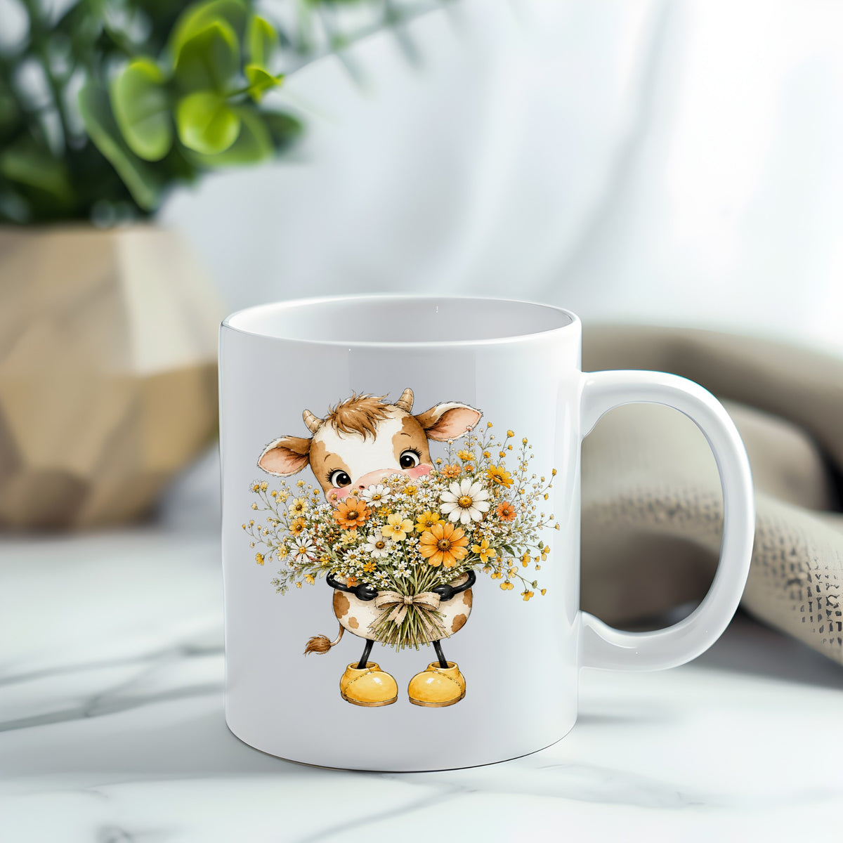 Baby Cow Holding Wildflower Bouquet UV DTF sticker applied to a white coffee mug