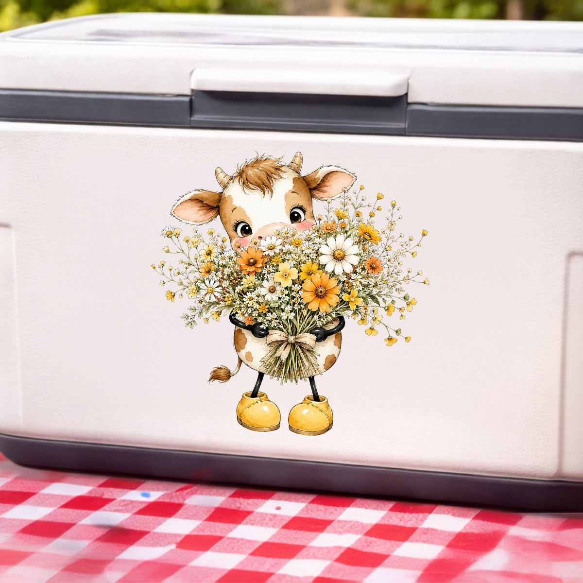 Baby Cow Holding Wildflower Bouquet UV DTF sticker applied to a white cooler on a red gingham cloth