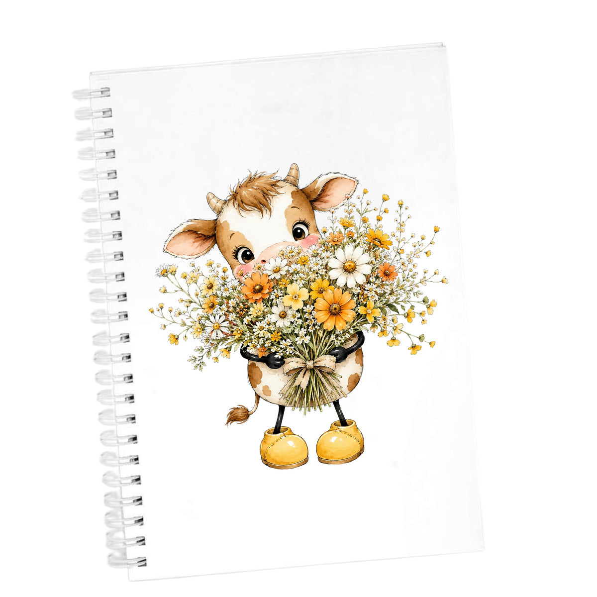 Baby Cow Holding Wildflower Bouquet UV DTF sticker applied to the cover of a white spiral journal