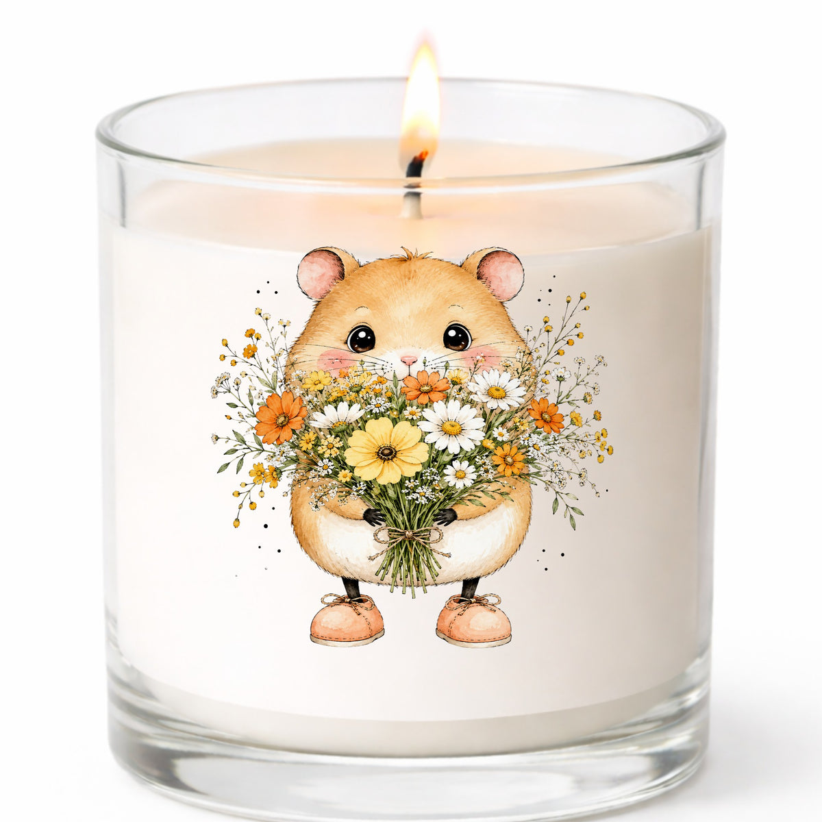 Hamster Holding Wildflower Bouquet UV DTF sticker applied to a white candle in a clear glass jar