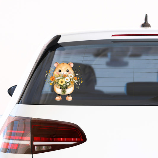 Hamster Holding Wildflower Bouquet UV DTF sticker applied to the rear window of a white car