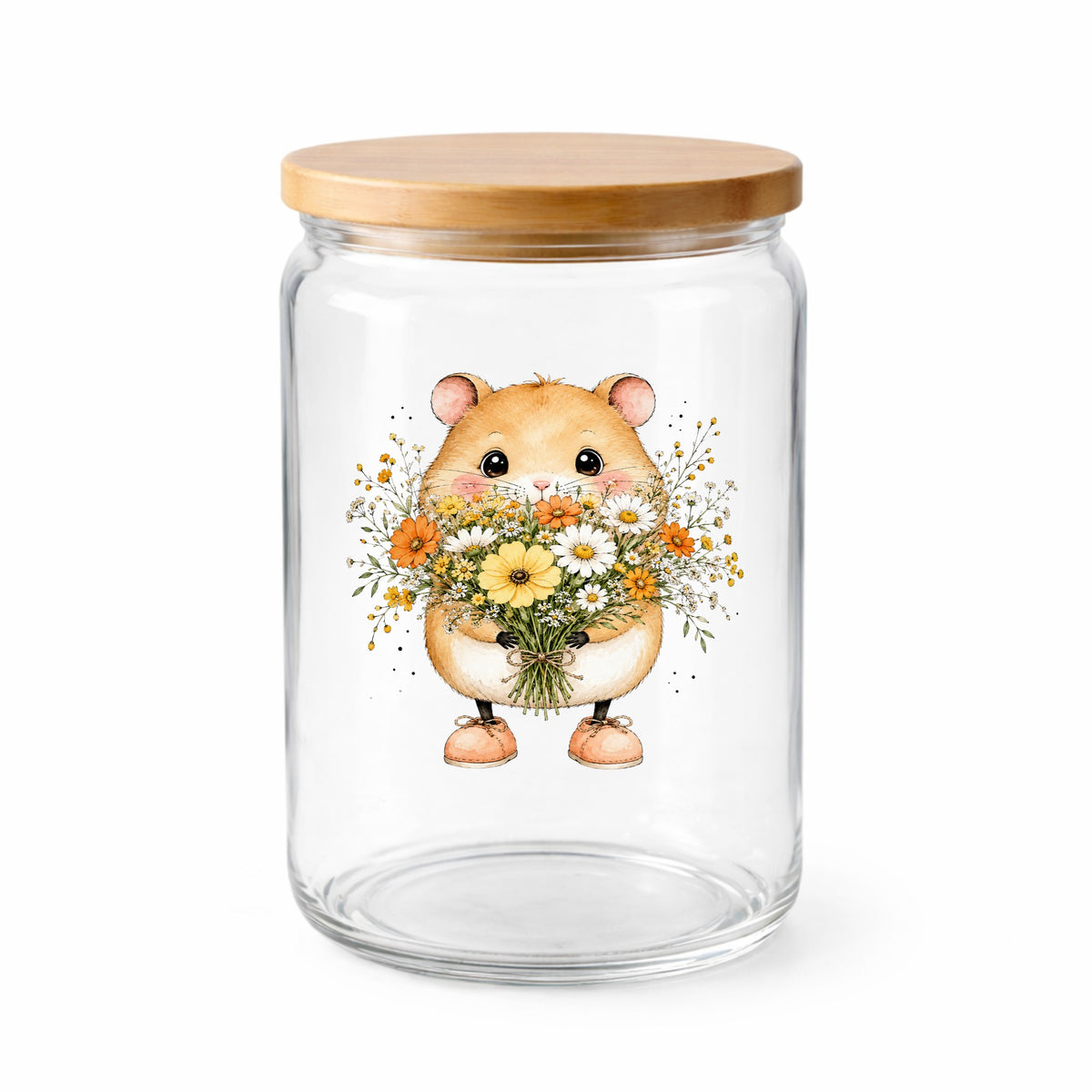 Hamster Holding Wildflower Bouquet UV DTF sticker applied to a clear glass jar with a wooden lid