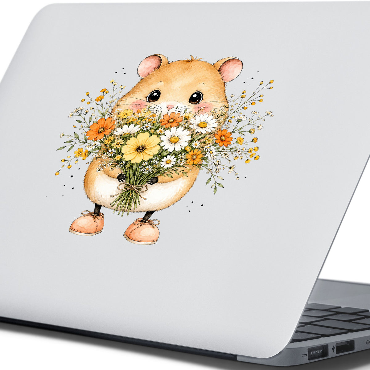 Hamster Holding Wildflower Bouquet UV DTF sticker applied to the lid of a silver laptop