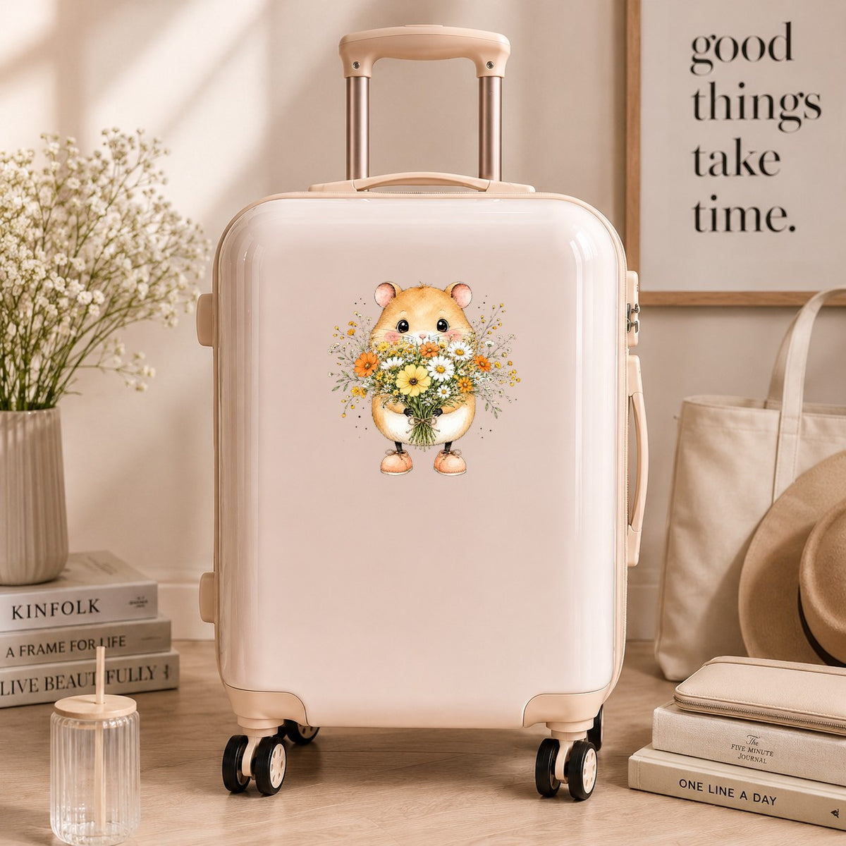 Hamster Holding Wildflower Bouquet UV DTF sticker applied to a cream carry-on suitcase
