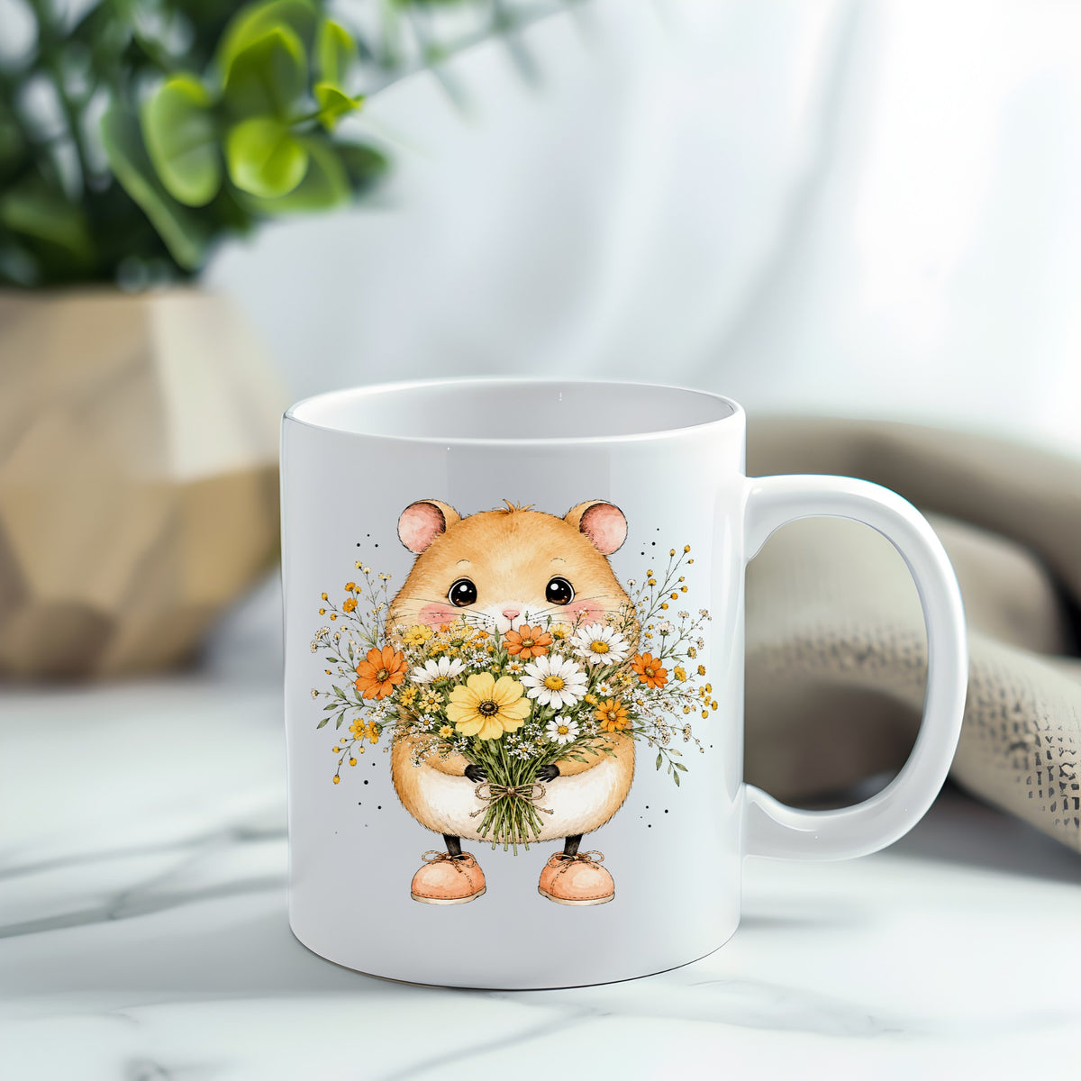 Hamster Holding Wildflower Bouquet UV DTF sticker applied to a white coffee mug