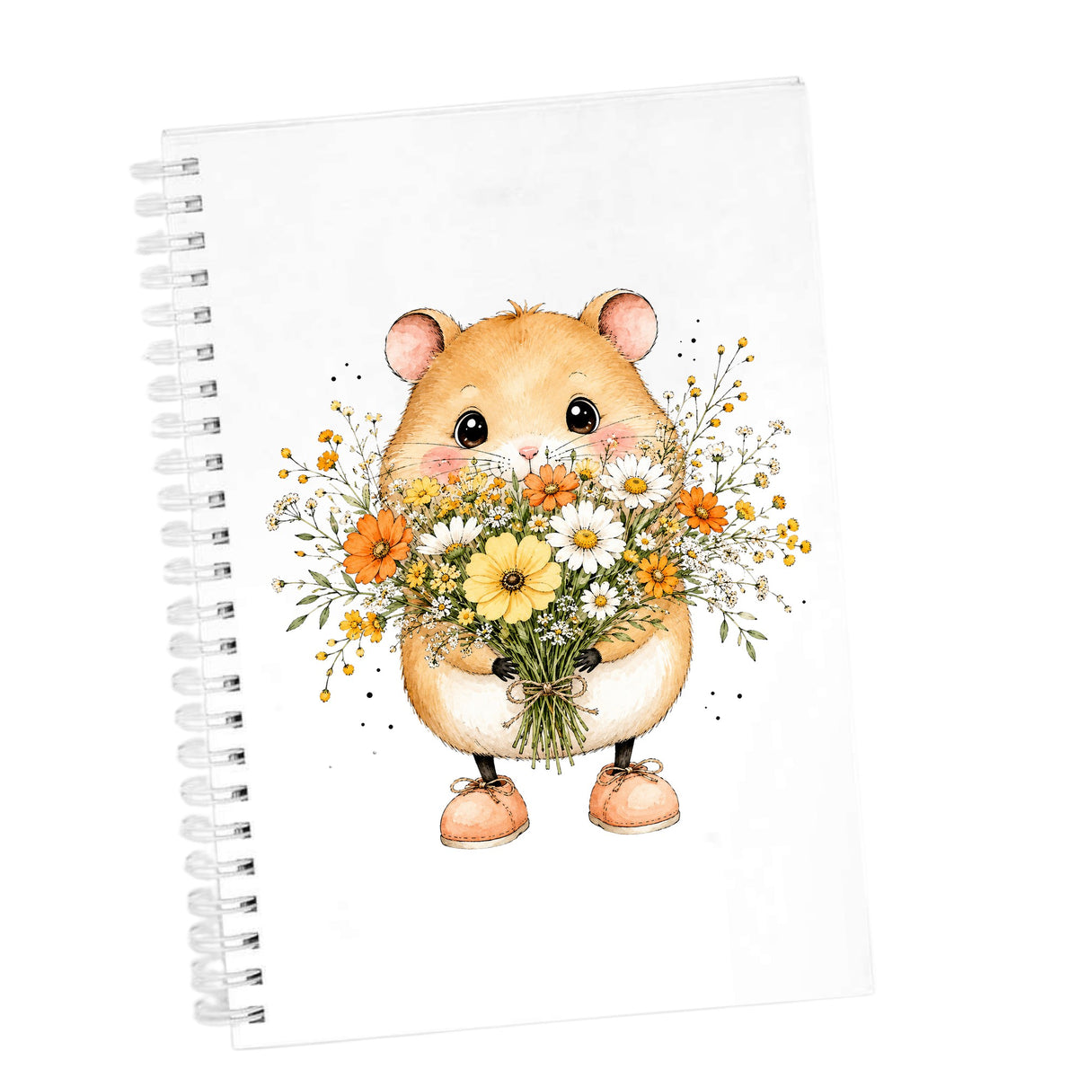 Hamster Holding Wildflower Bouquet UV DTF sticker applied to the cover of a white spiral journal