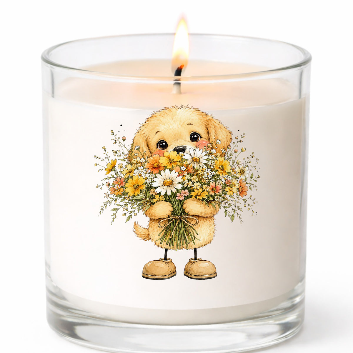 Golden Puppy Holding Daisy Bouquet UV DTF sticker applied to a white candle in a clear glass jar