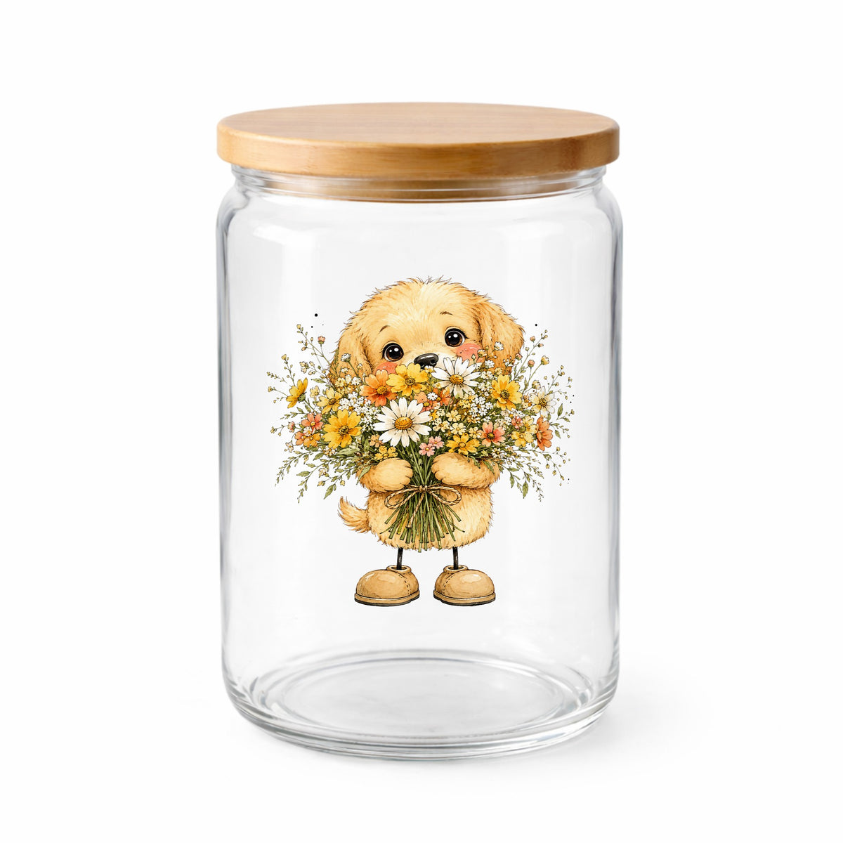 Golden Puppy Holding Daisy Bouquet UV DTF sticker applied to a clear glass jar with a wooden lid