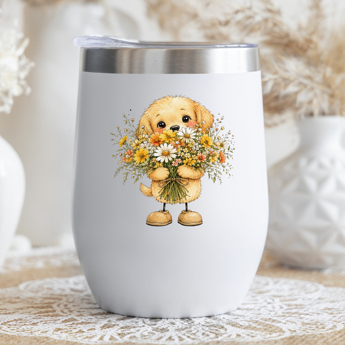 Golden Puppy Holding Daisy Bouquet UV DTF sticker applied to a white stemless tumbler with a lid