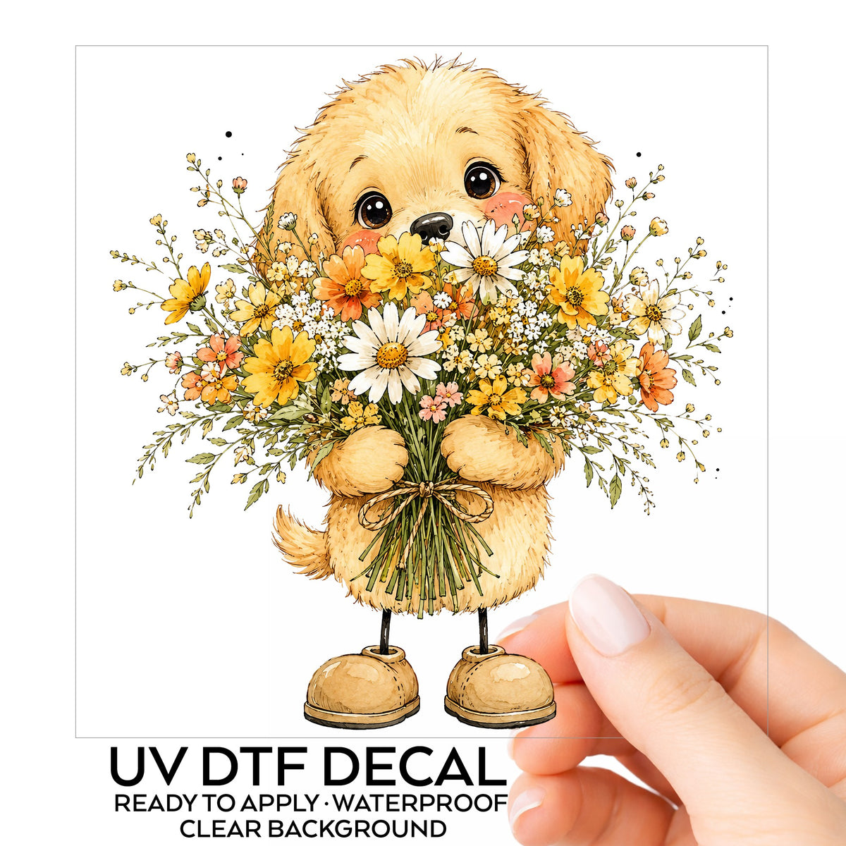 Golden Puppy Holding Daisy Bouquet UV DTF sticker on its backing card, held in hand