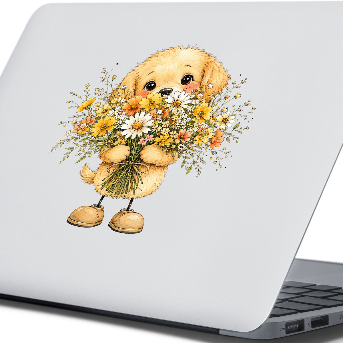 Golden Puppy Holding Daisy Bouquet UV DTF sticker applied to the lid of a silver laptop