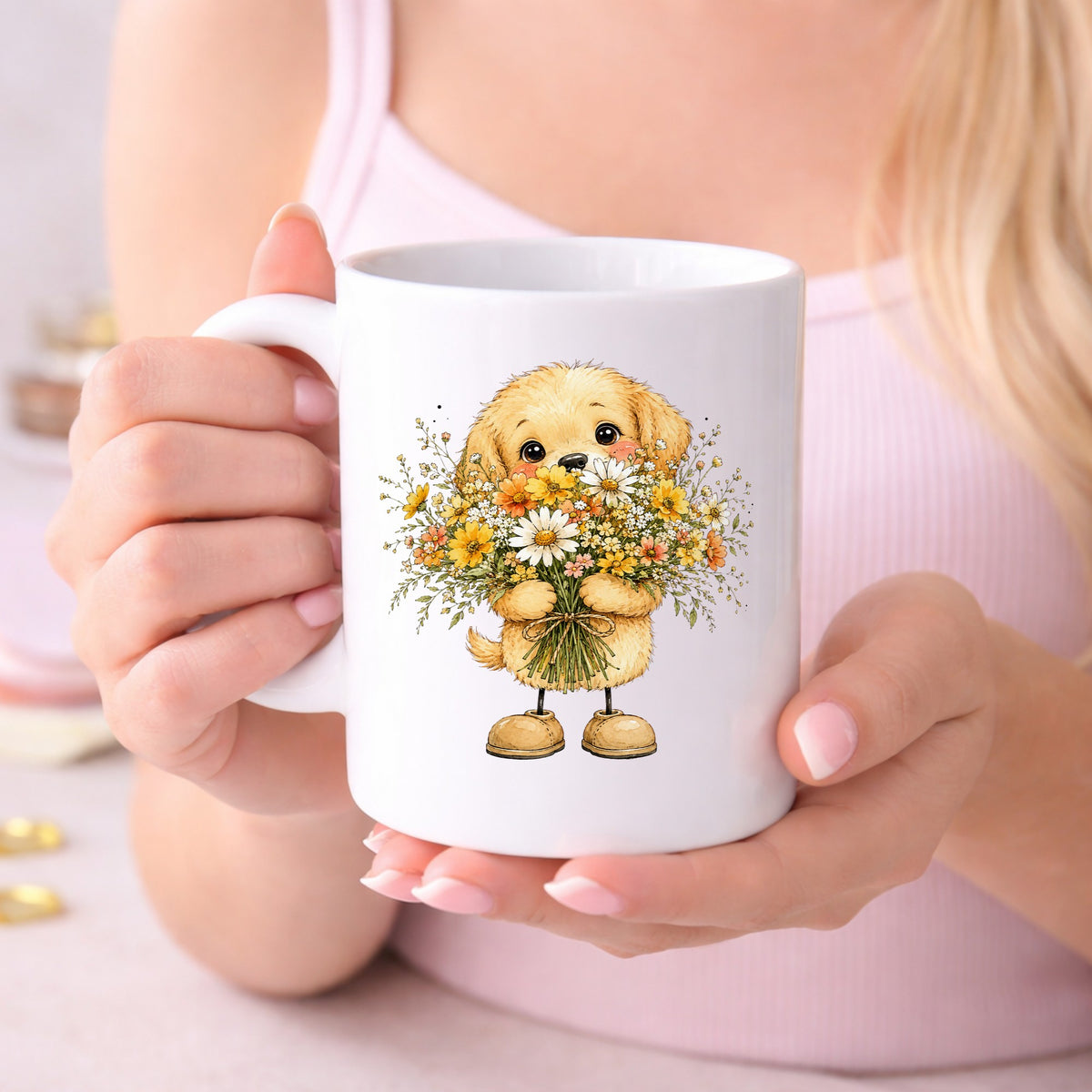 Golden Puppy Holding Daisy Bouquet UV DTF sticker applied to a white coffee mug held in both hands