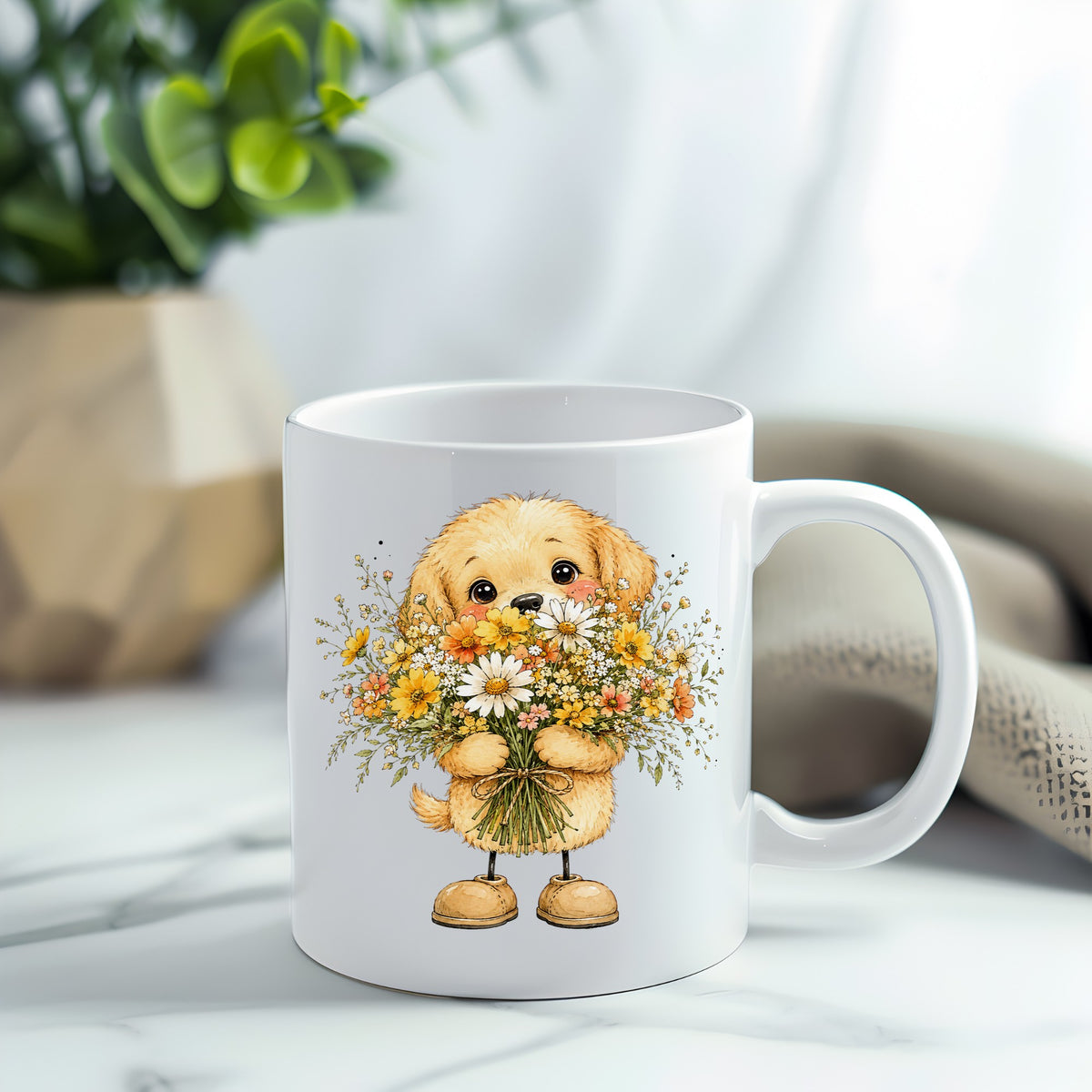 Golden Puppy Holding Daisy Bouquet UV DTF sticker applied to a white coffee mug