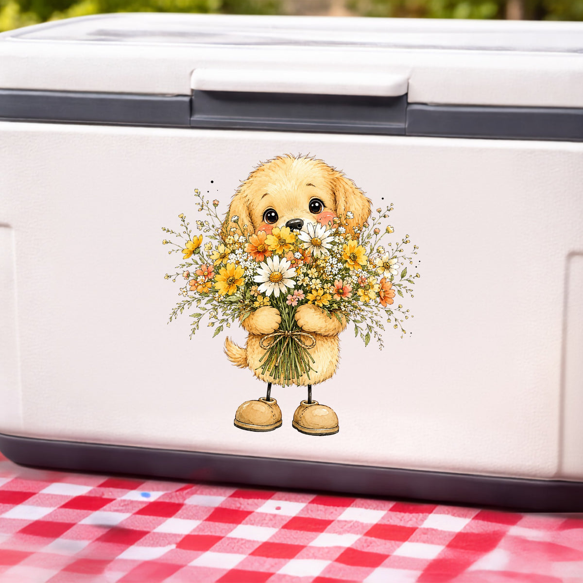 Golden Puppy Holding Daisy Bouquet UV DTF sticker applied to a white cooler on a red gingham cloth
