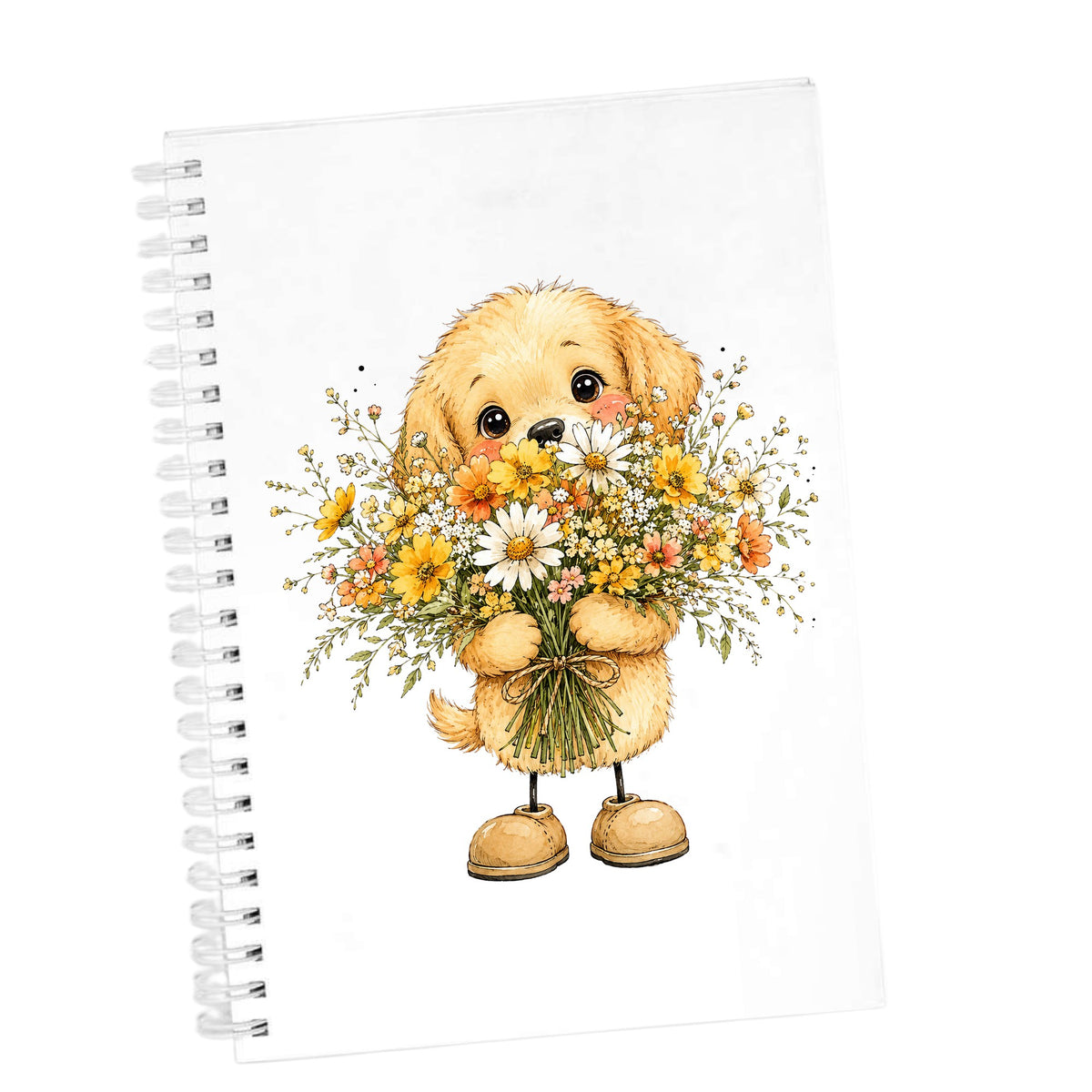 Golden Puppy Holding Daisy Bouquet UV DTF sticker applied to the cover of a white spiral journal