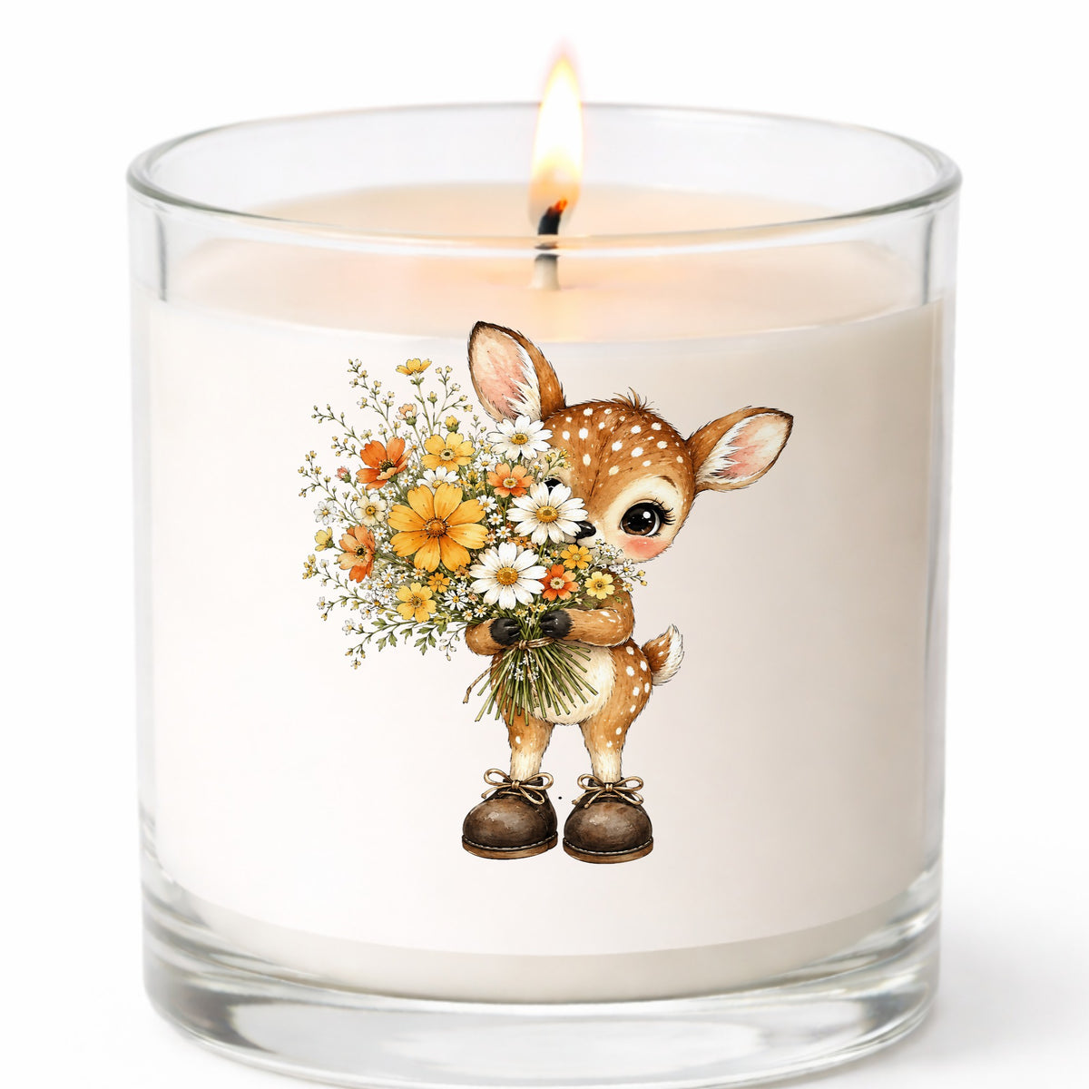 Baby Deer Holding Wildflower Bouquet UV DTF sticker applied to a white candle in a clear glass jar