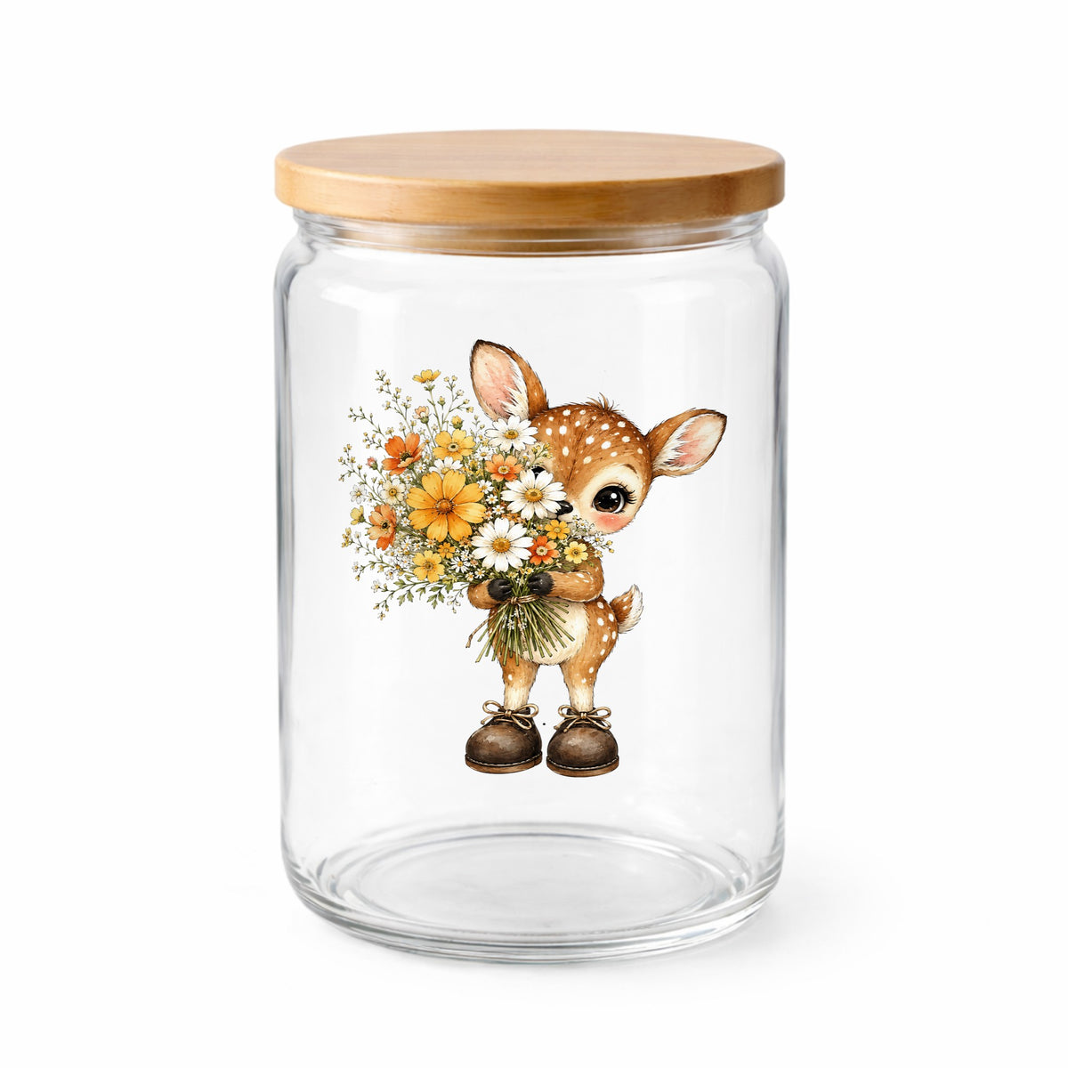 Baby Deer Holding Wildflower Bouquet UV DTF sticker applied to a clear glass jar with a wooden lid