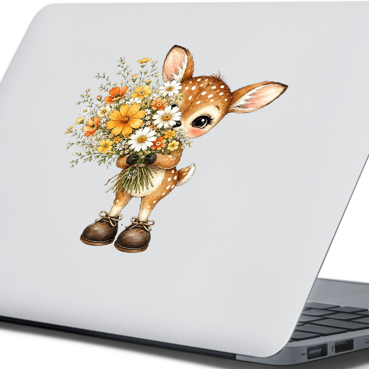 Baby Deer Holding Wildflower Bouquet UV DTF sticker applied to the lid of a silver laptop
