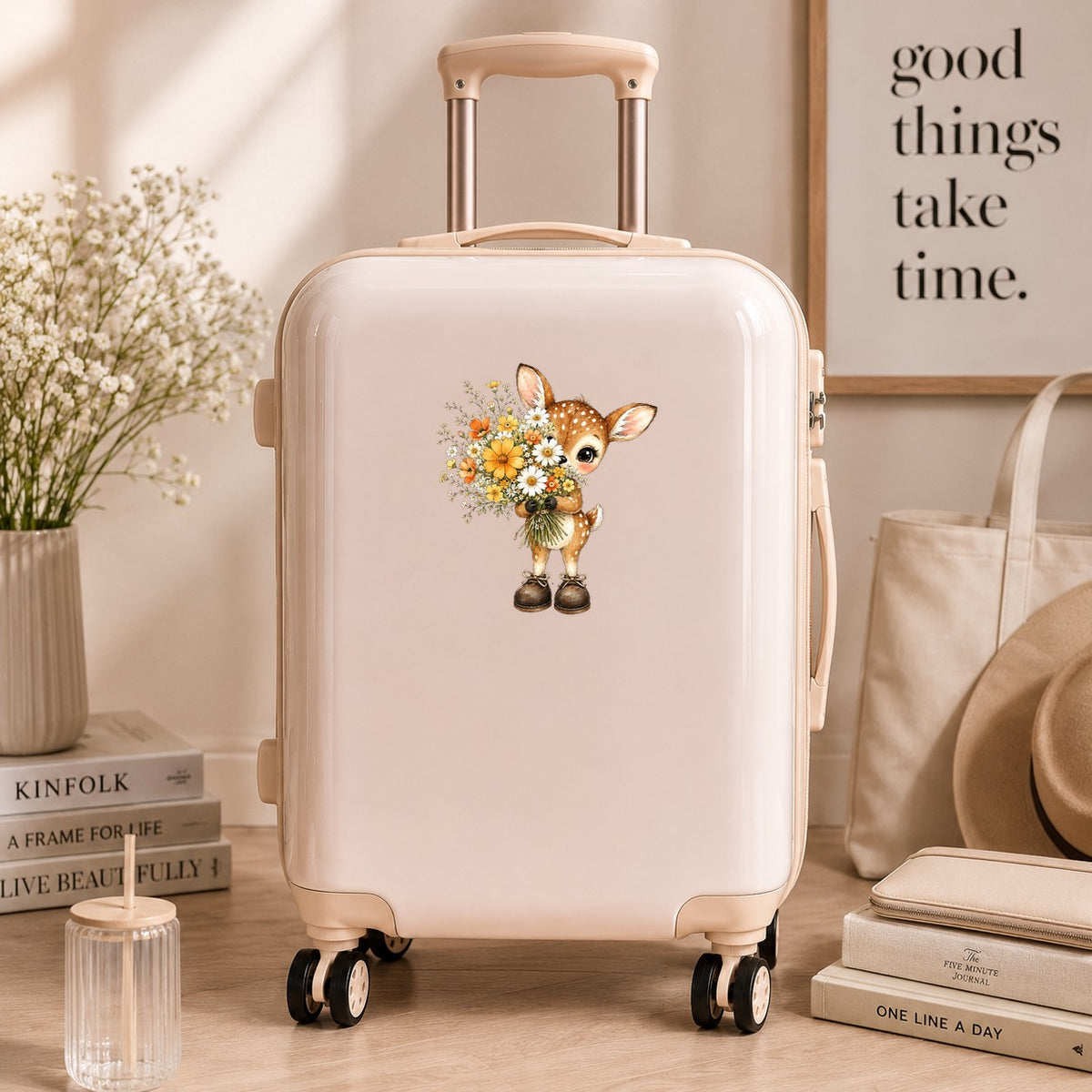 Baby Deer Holding Wildflower Bouquet UV DTF sticker applied to a cream carry-on suitcase