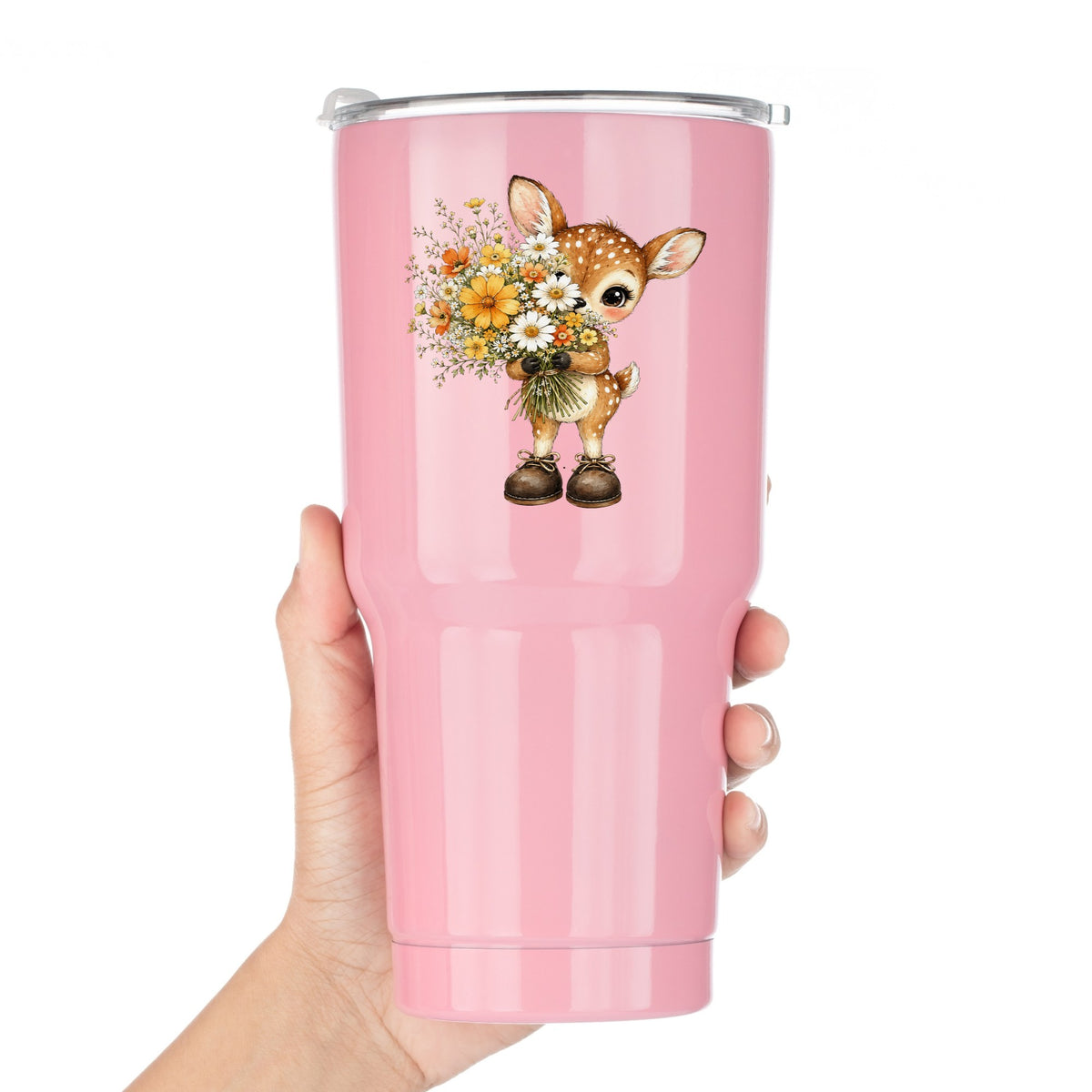 Baby Deer Holding Wildflower Bouquet UV DTF sticker applied to a pink tumbler held against a white background