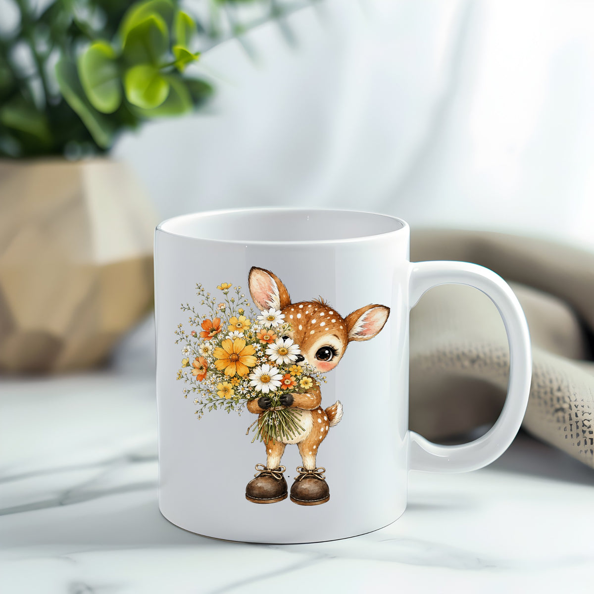 Baby Deer Holding Wildflower Bouquet UV DTF sticker applied to a white coffee mug
