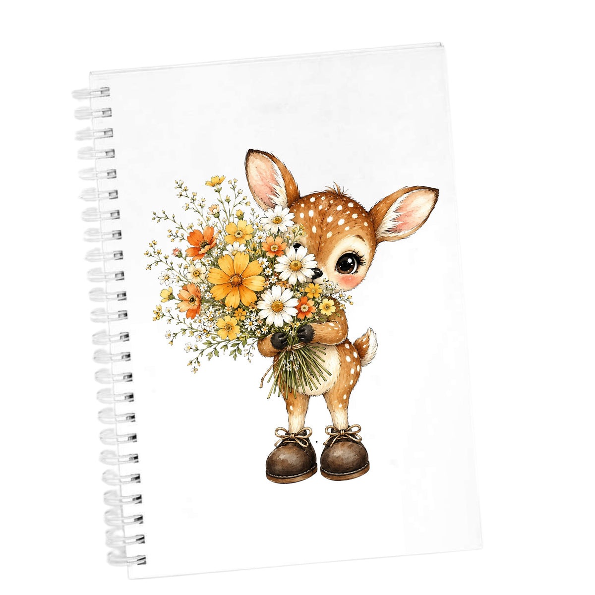 Baby Deer Holding Wildflower Bouquet UV DTF sticker applied to the cover of a white spiral journal
