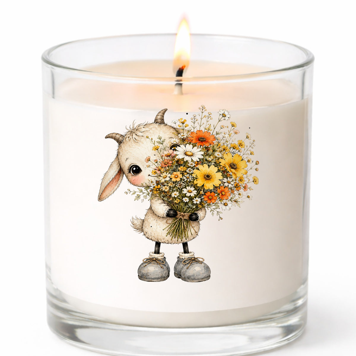 Baby Goat Holding Wildflower Bouquet UV DTF sticker applied to a white candle in a clear glass jar