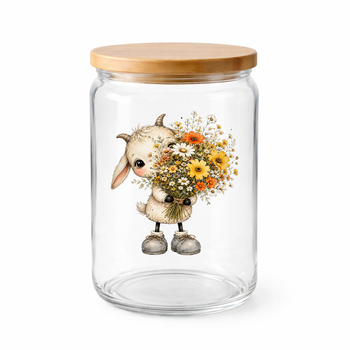Baby Goat Holding Wildflower Bouquet UV DTF sticker applied to a clear glass jar with a wooden lid