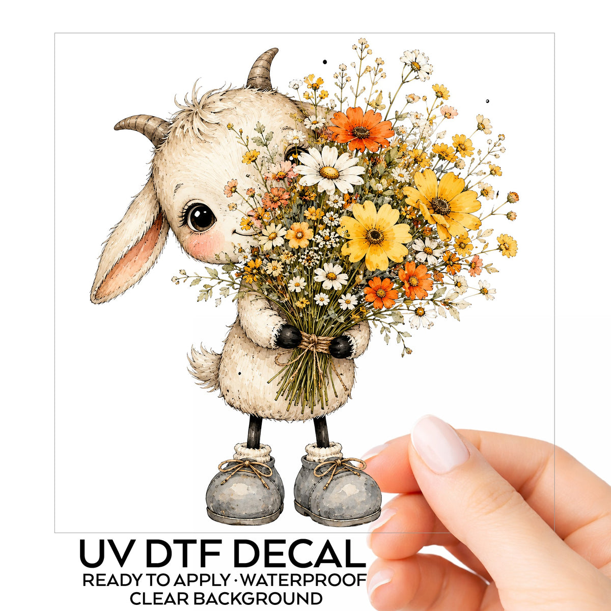 Baby Goat Holding Wildflower Bouquet UV DTF sticker on its backing card, held in hand