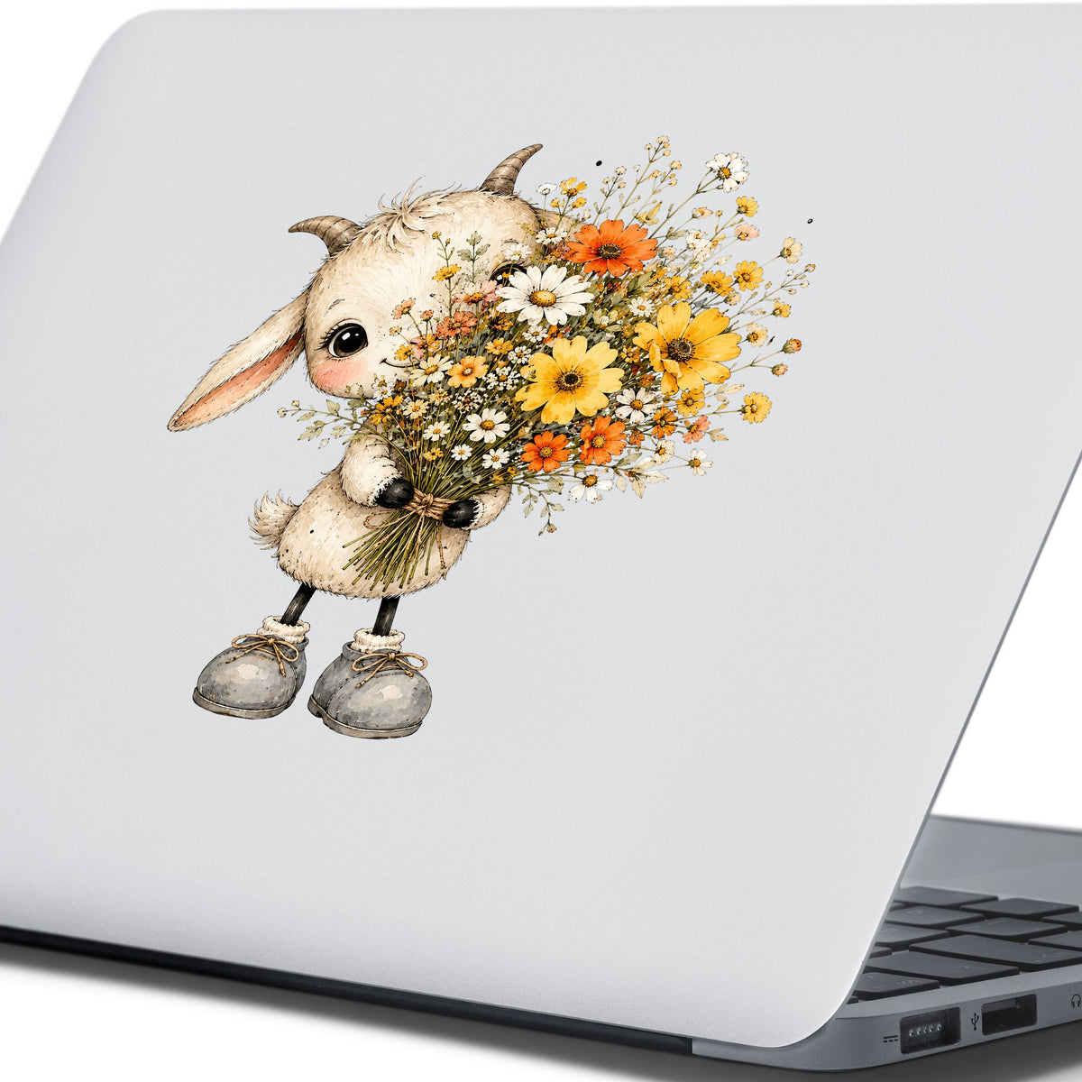 Baby Goat Holding Wildflower Bouquet UV DTF sticker applied to the lid of a silver laptop