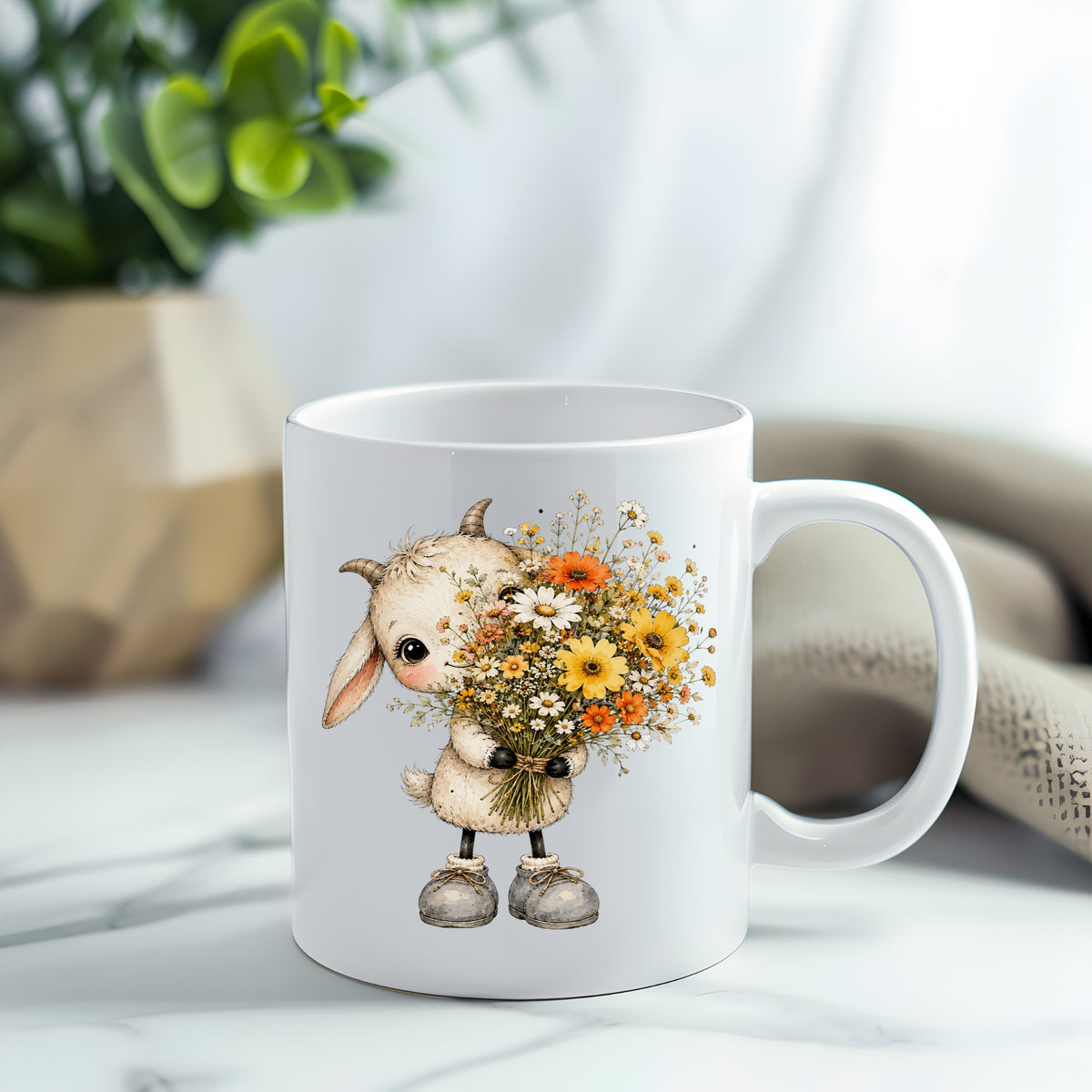 Baby Goat Holding Wildflower Bouquet UV DTF sticker applied to a white coffee mug