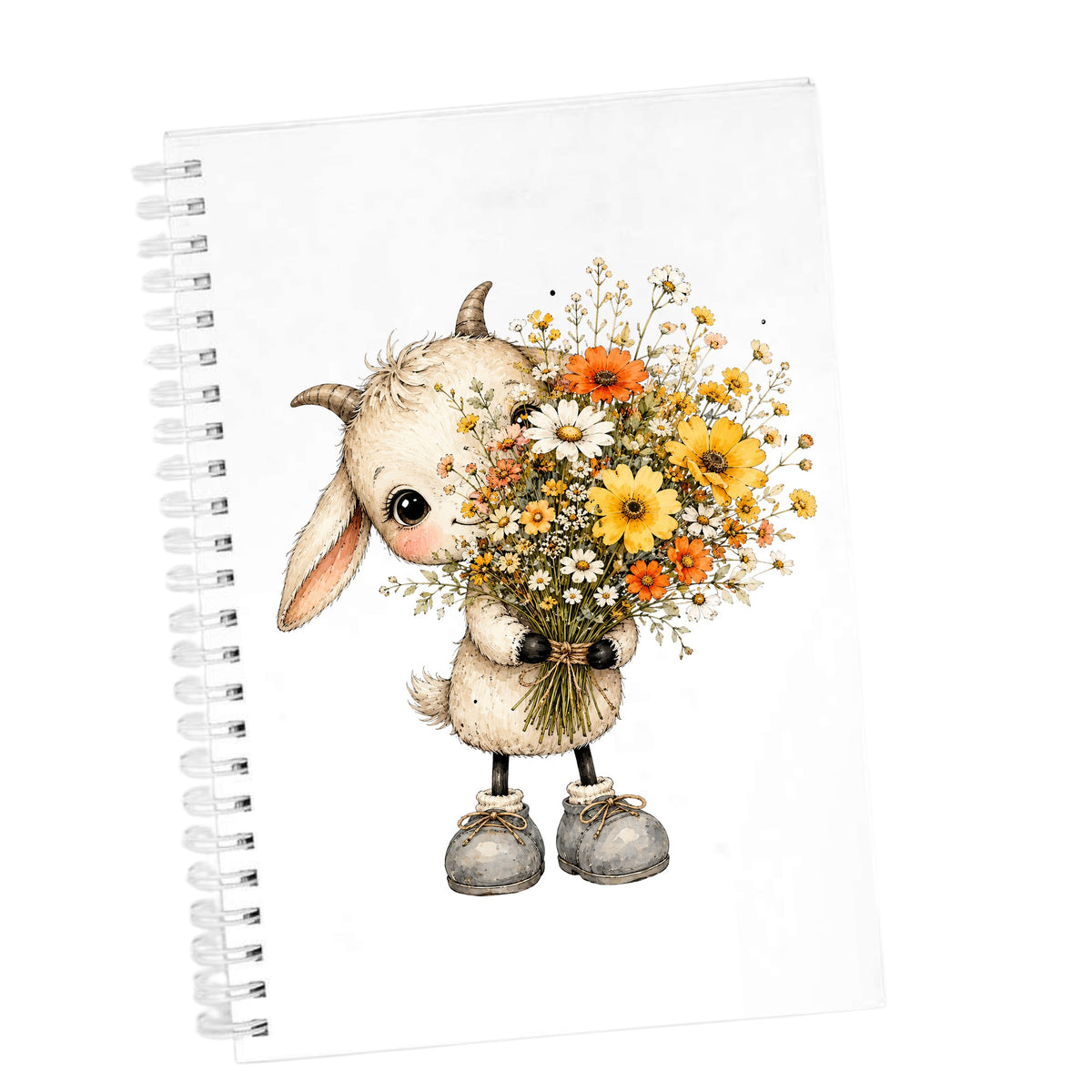 Baby Goat Holding Wildflower Bouquet UV DTF sticker applied to the cover of a white spiral journal