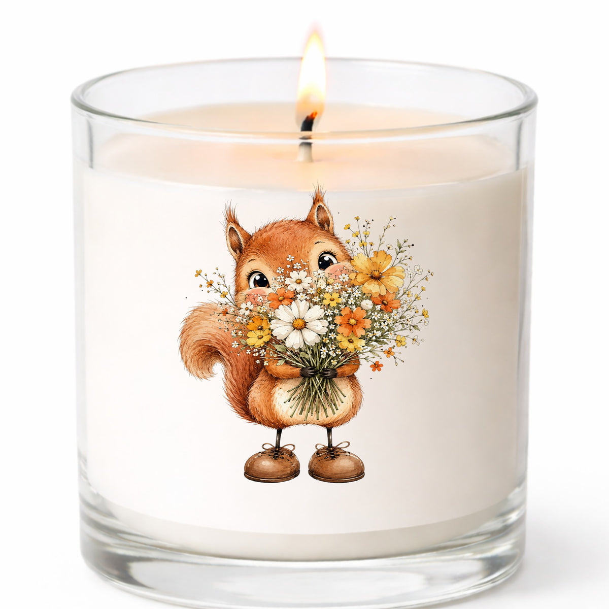 Red Squirrel Holding Daisy Bouquet UV DTF sticker applied to a white candle in a clear glass jar