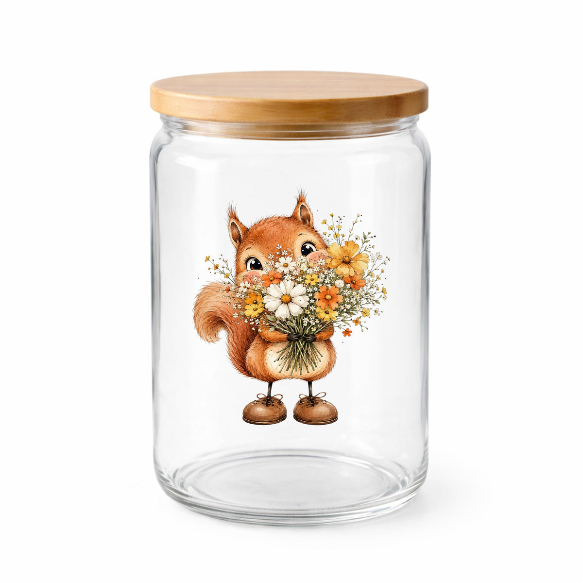 Red Squirrel Holding Daisy Bouquet UV DTF sticker applied to a clear glass jar with a wooden lid