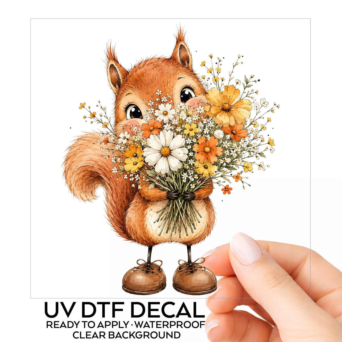Red Squirrel Holding Daisy Bouquet UV DTF sticker on its backing card, held in hand