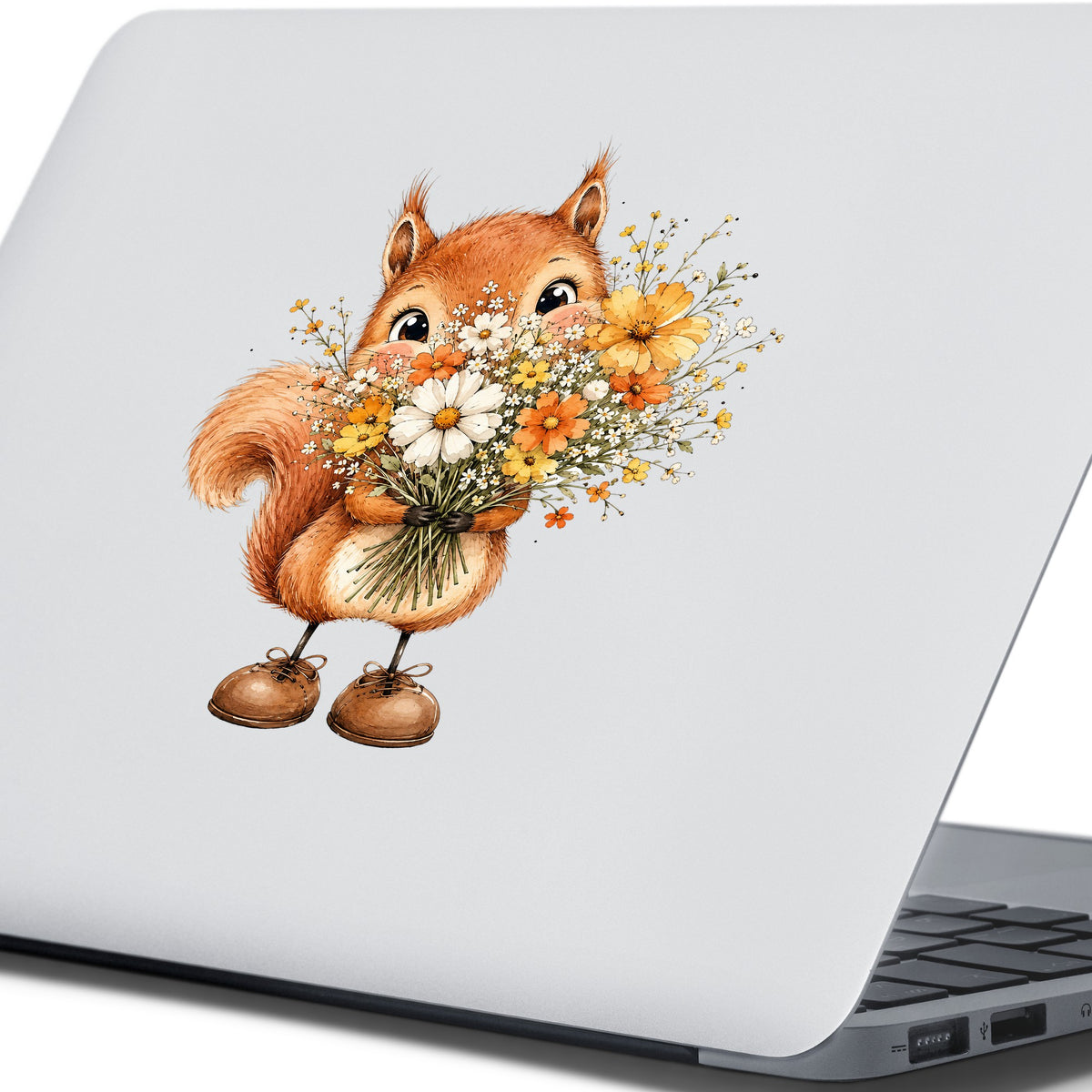 Red Squirrel Holding Daisy Bouquet UV DTF sticker applied to the lid of a silver laptop