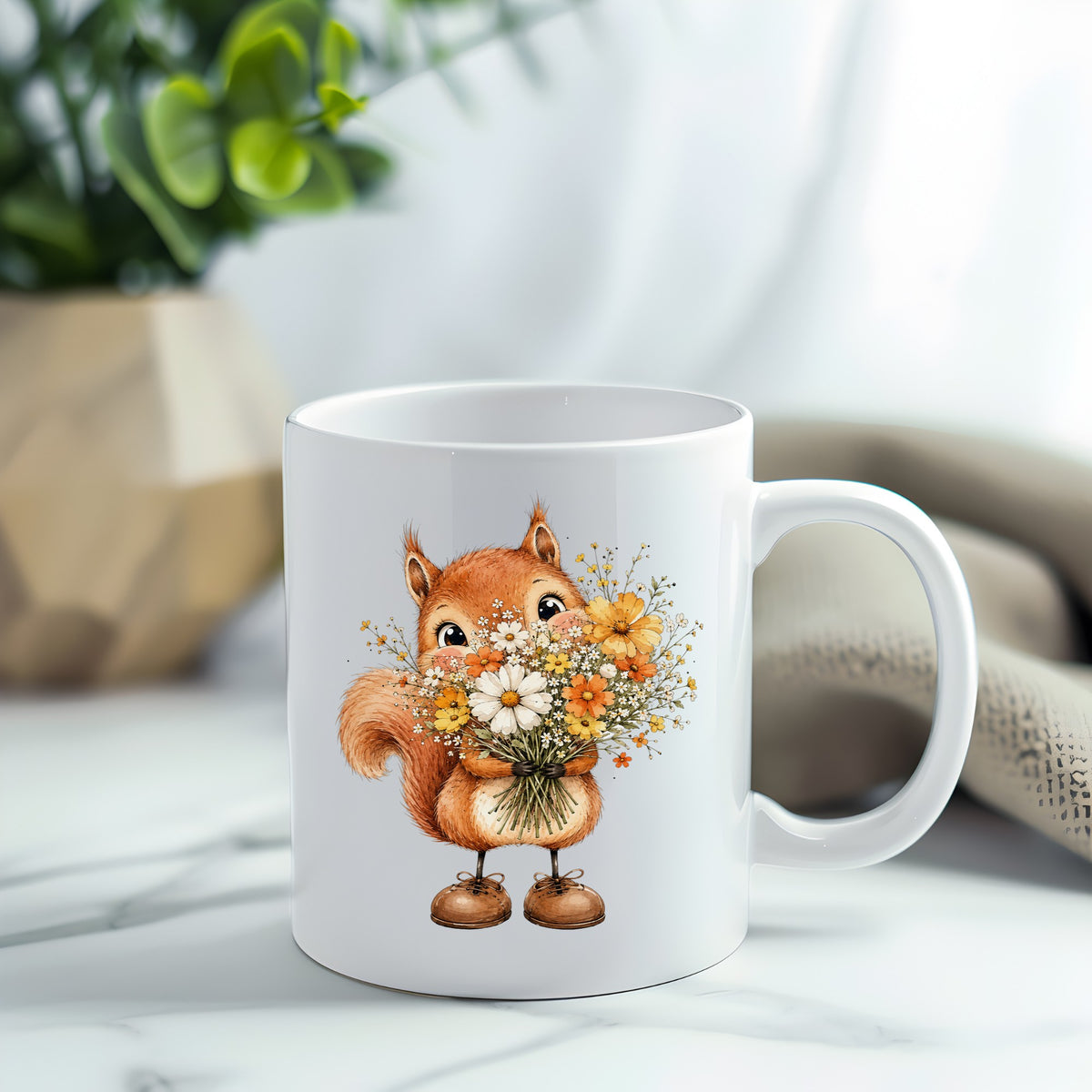 Red Squirrel Holding Daisy Bouquet UV DTF sticker applied to a white coffee mug
