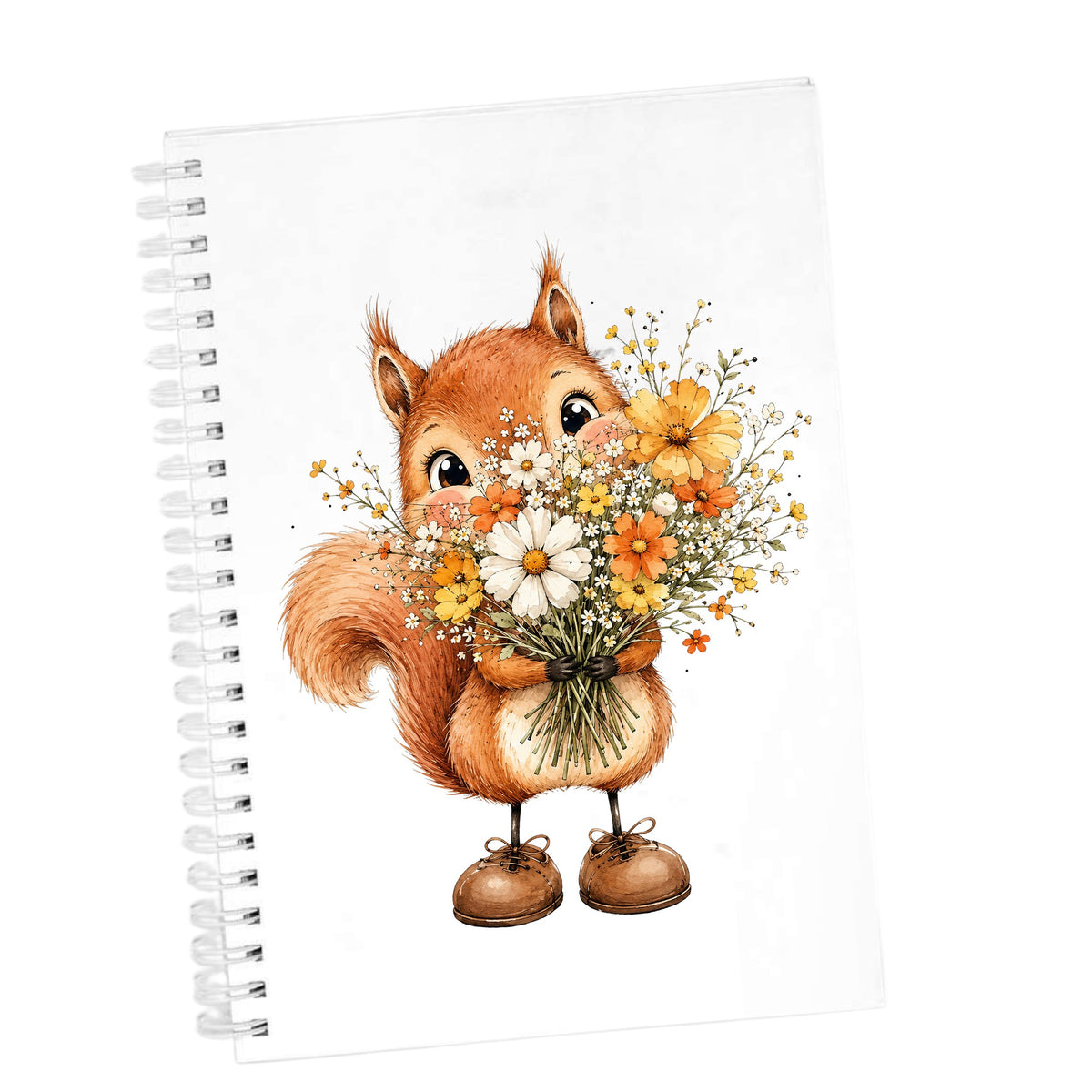 Red Squirrel Holding Daisy Bouquet UV DTF sticker applied to the cover of a white spiral journal