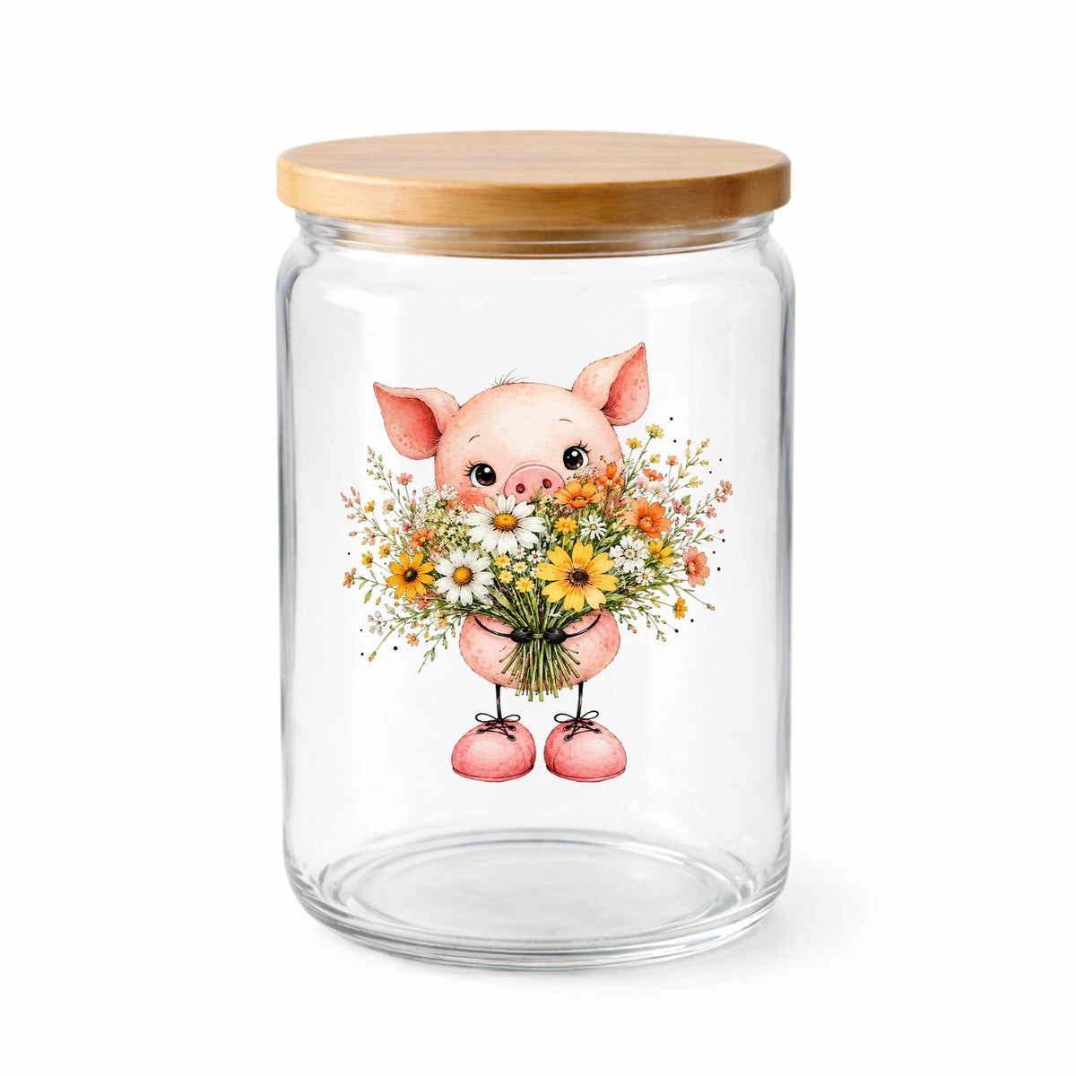 Baby Pig Holding Daisy Bouquet UV DTF sticker applied to a clear glass jar with a wooden lid