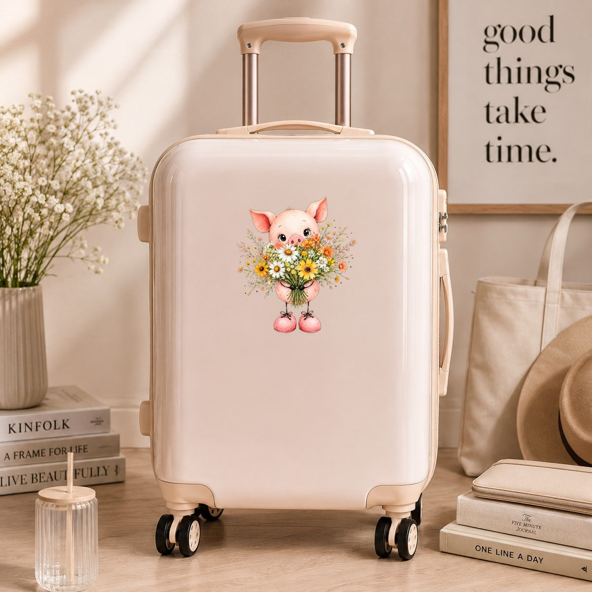 Baby Pig Holding Daisy Bouquet UV DTF sticker applied to a cream carry-on suitcase