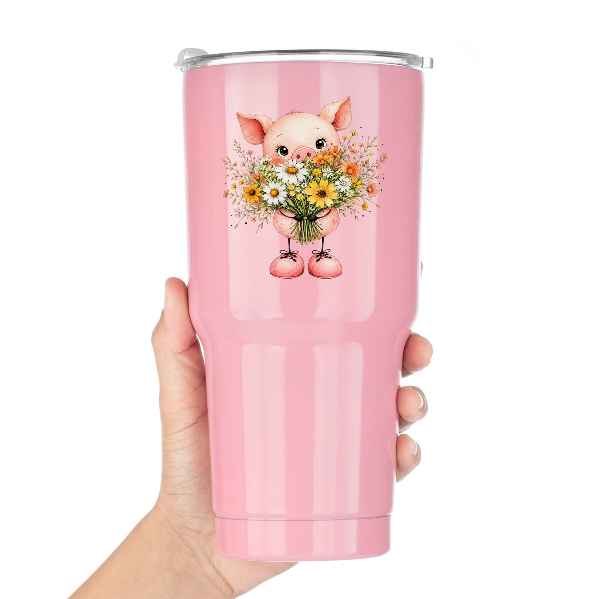 Baby Pig Holding Daisy Bouquet UV DTF sticker applied to a pink tumbler held against a white background