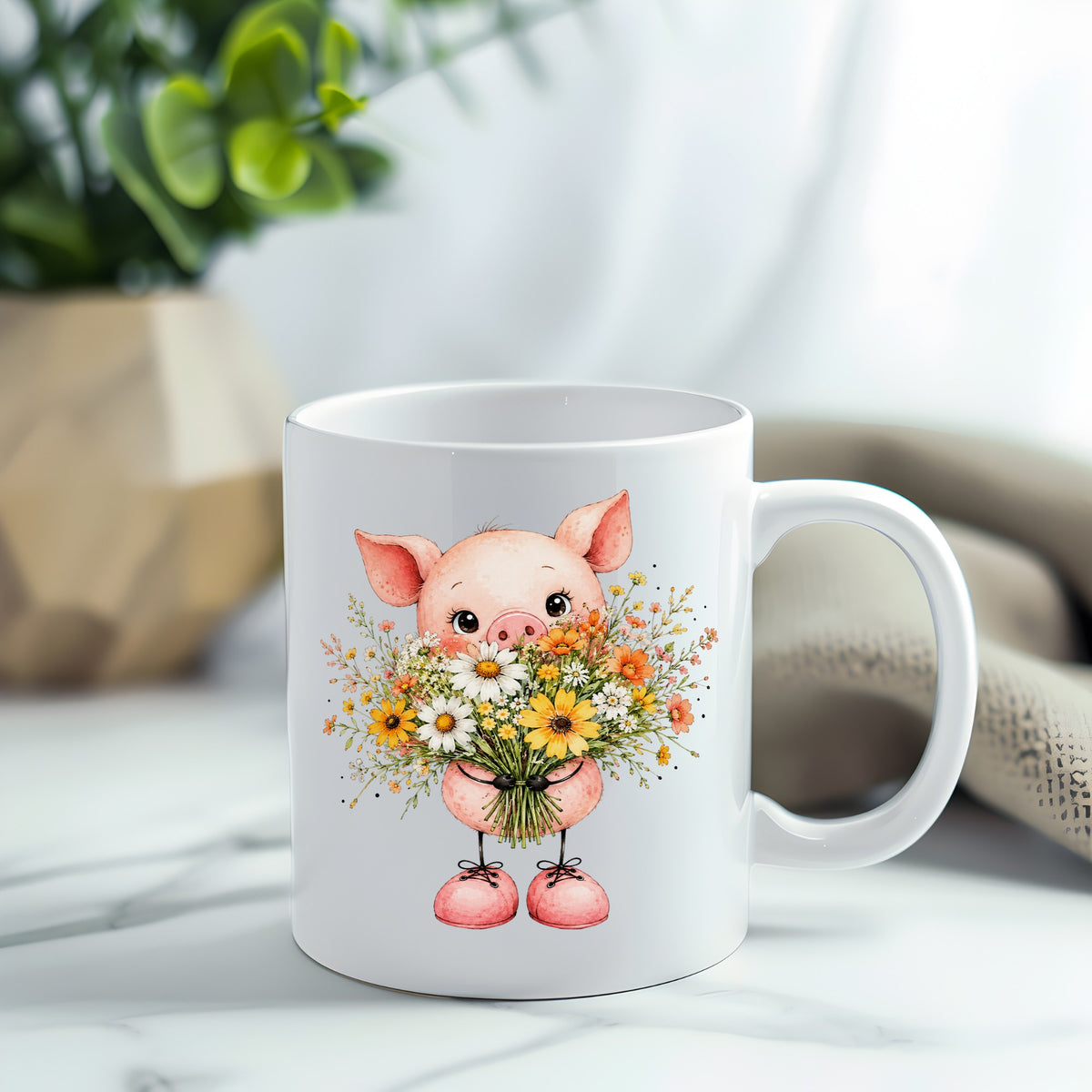 Baby Pig Holding Daisy Bouquet UV DTF sticker applied to a white coffee mug