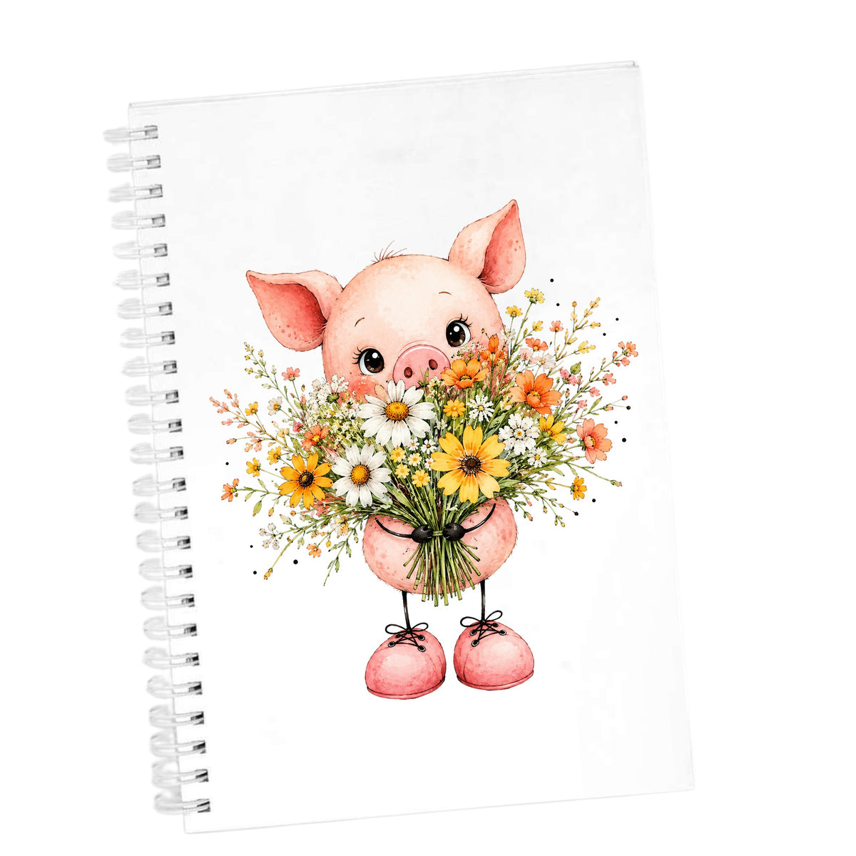 Baby Pig Holding Daisy Bouquet UV DTF sticker applied to the cover of a white spiral journal