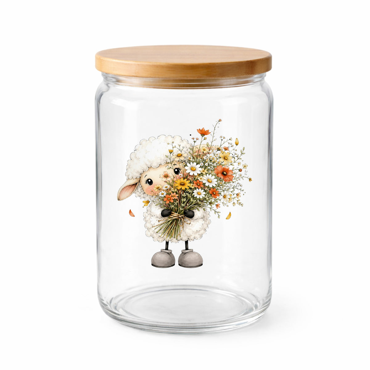 White Lamb Holding Wildflower Bouquet UV DTF sticker applied to a clear glass jar with a wooden lid